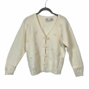 Beaded Cardigan Cream Wool Angora Blend Sweater Girl Granny Chic Cottagecore S
